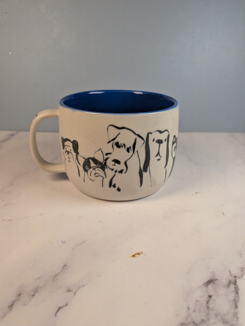 Anthropologie Cream Black Ceramic Dog Person Mug with Blue Interior
